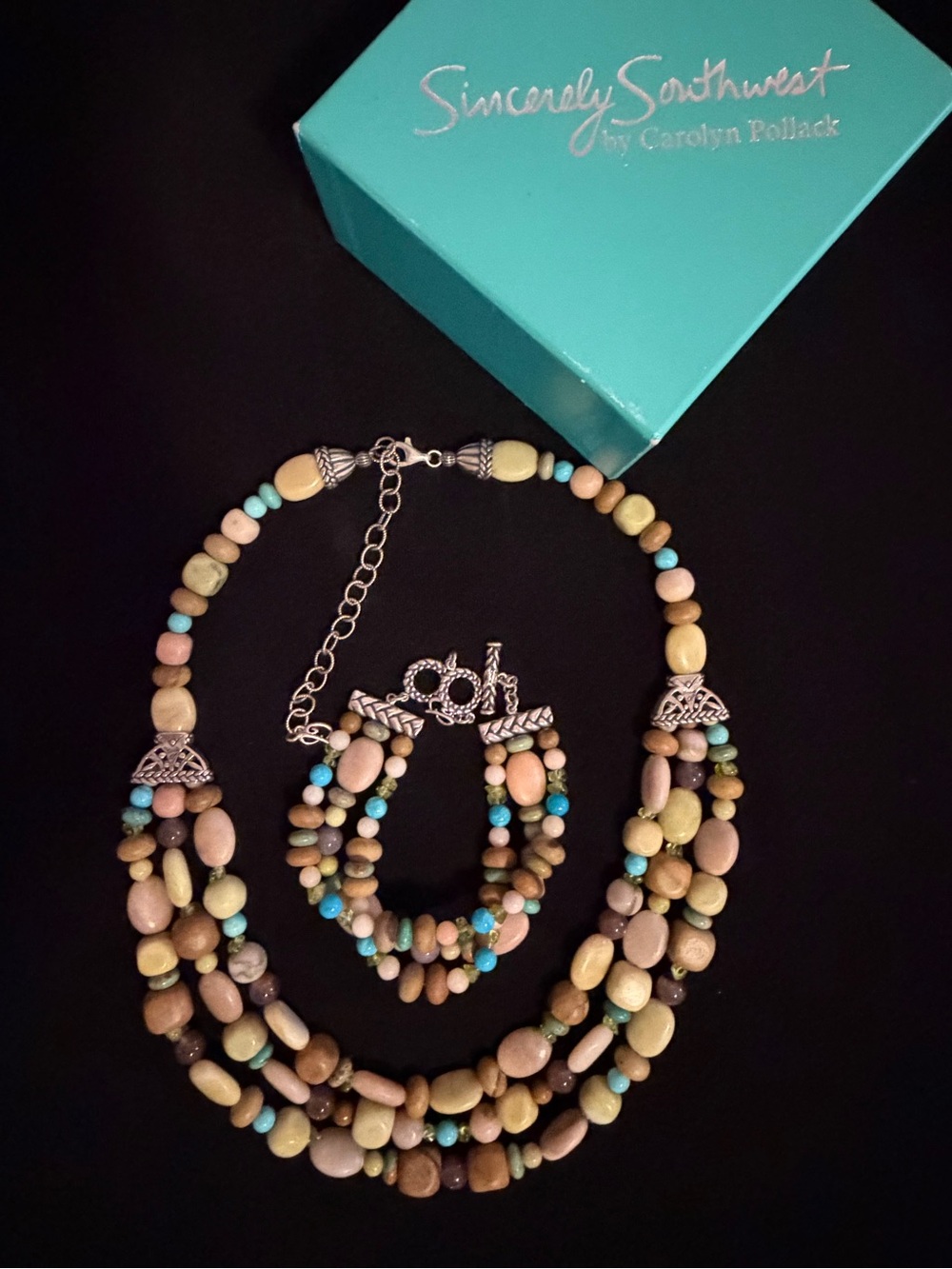 New 925 Carolyn Pollack Genuine Gemstone 3 Strand Necklace & Bracelet in Box - Picture 2 of 10
